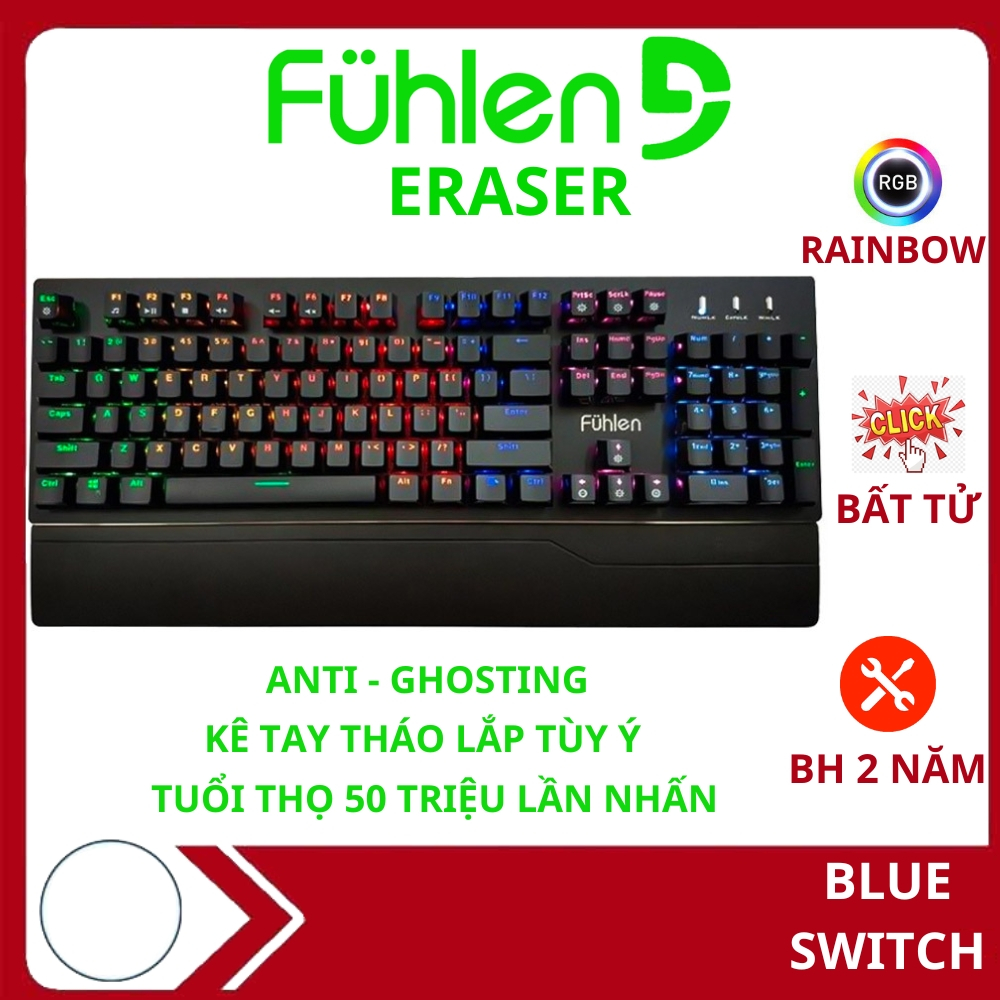 Bàn phím cơ Fuhlen Eraser, Phím Gaming Led Rainbow/ Kê tay tháo lắp- Hàng chính hãng