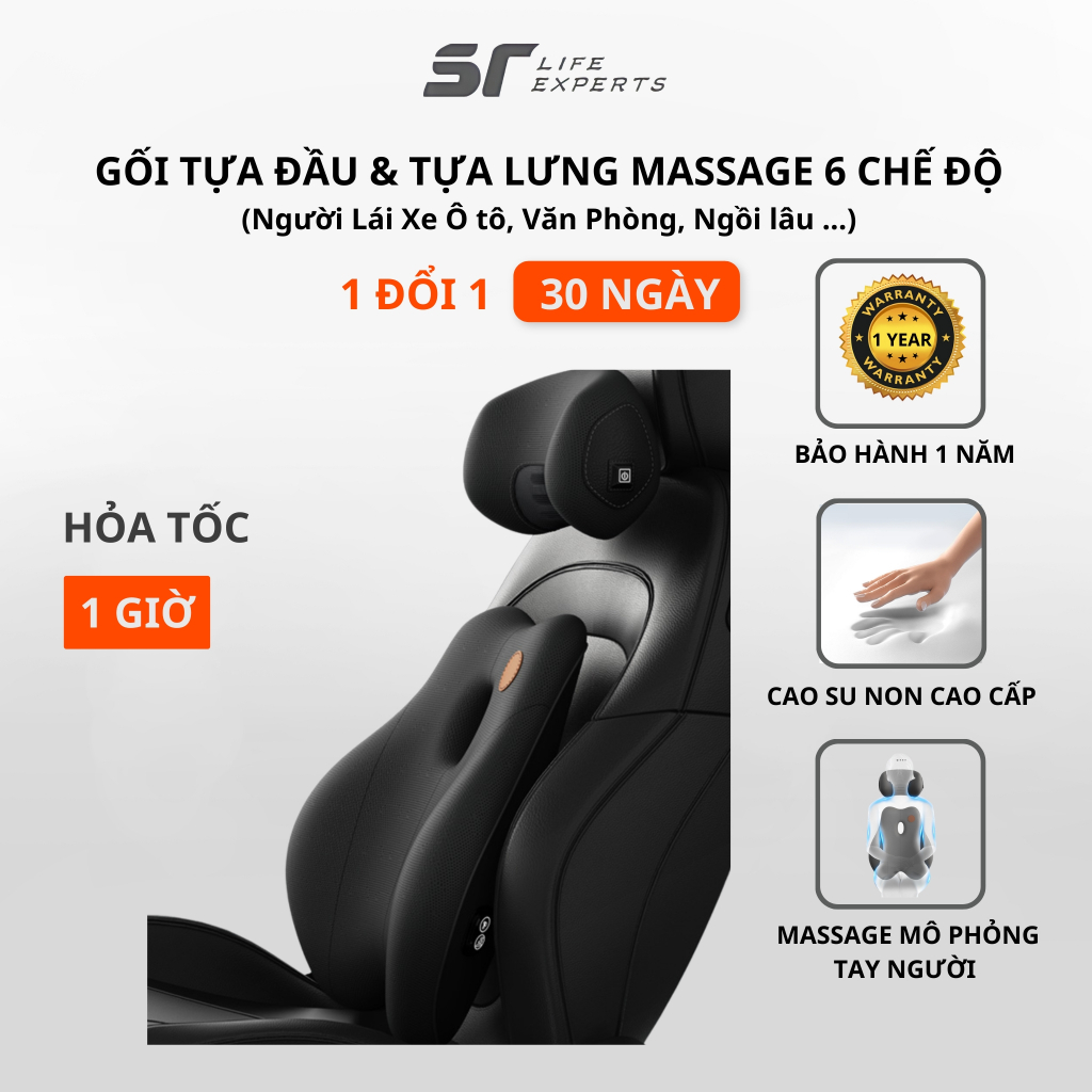 Combo Tựa Đầu Và Tựa Lưng Ô Tô Massage 6 Chế Độ, Gối Cao Su Non, Giảm Đau Mỏi Cổ Vai Cột Sống-Sairui