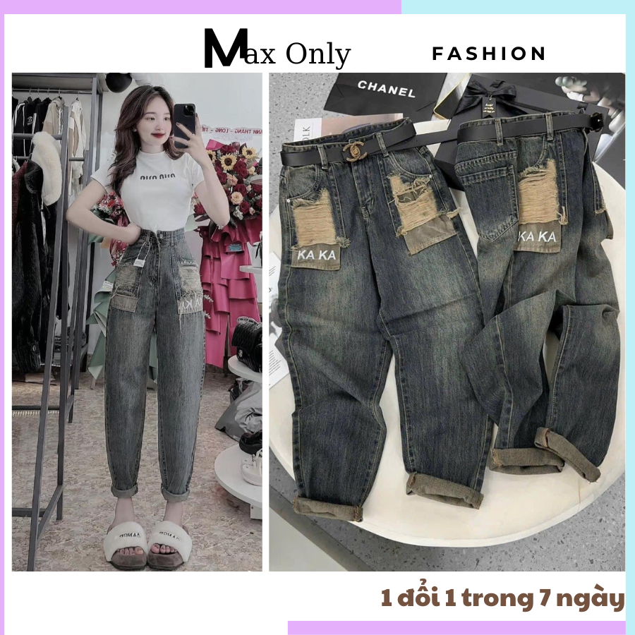 Quần jean baggy nữ viền hoạ tiết rách túi chữ kk siêu hot, quần bò mẫu mới nhất thời trang, trẻ trung