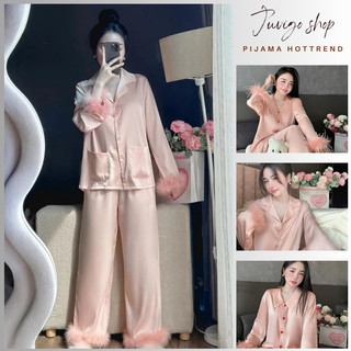  Đồ ngủ nữ bộ mặc nhà pijama dài tay cổ bẻ cúc bọc phối lông tơ siêu sang chất lụa satin mềm mịn Juvigo HCOM3381 