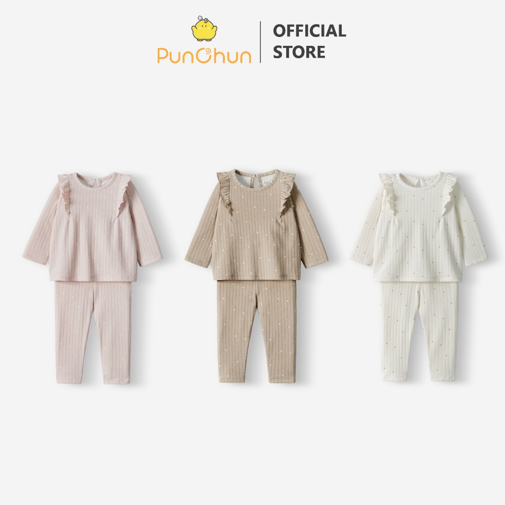 [PUNCHUN 9M-5Y] Bộ quần áo dài cánh tiên nỉ gân cho bé gái Tea Punchun