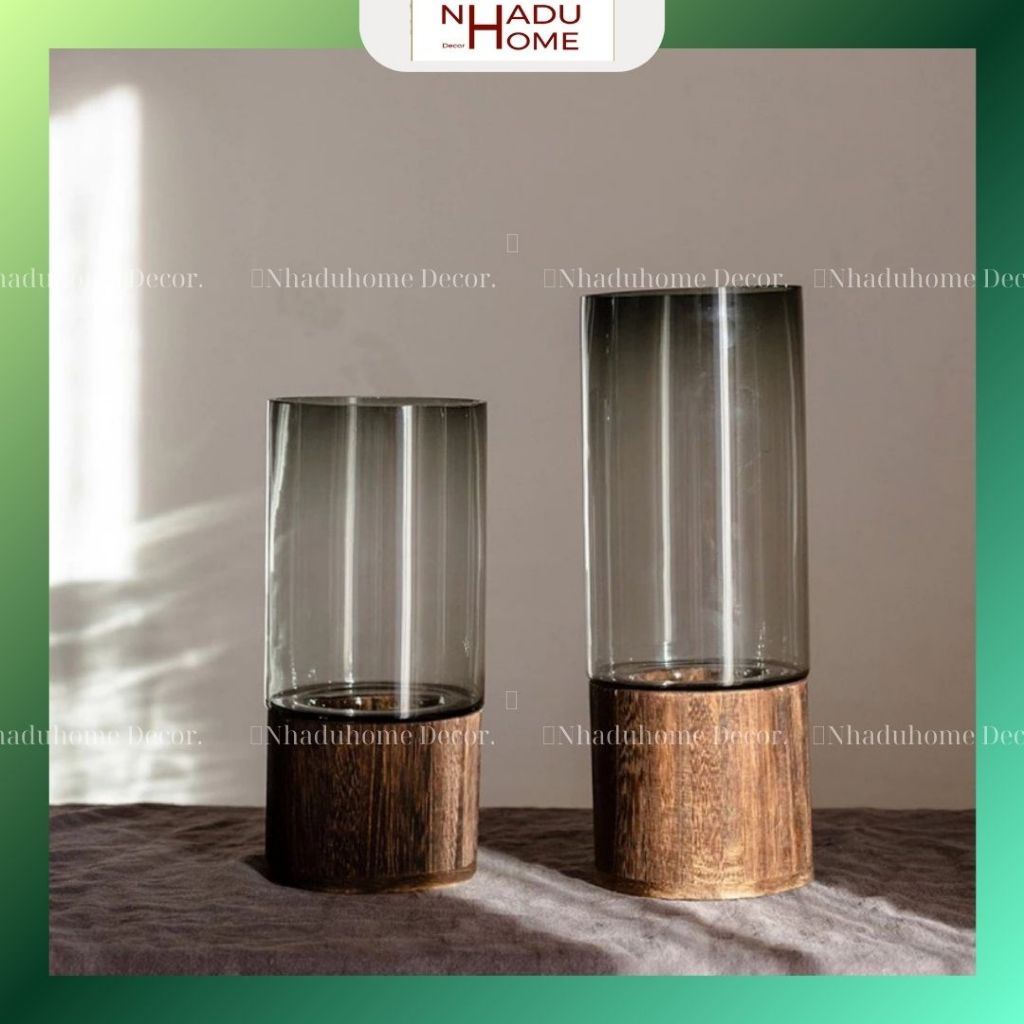 Bình hoa thuỷ tinh đế gỗ (cắm hoa thật)