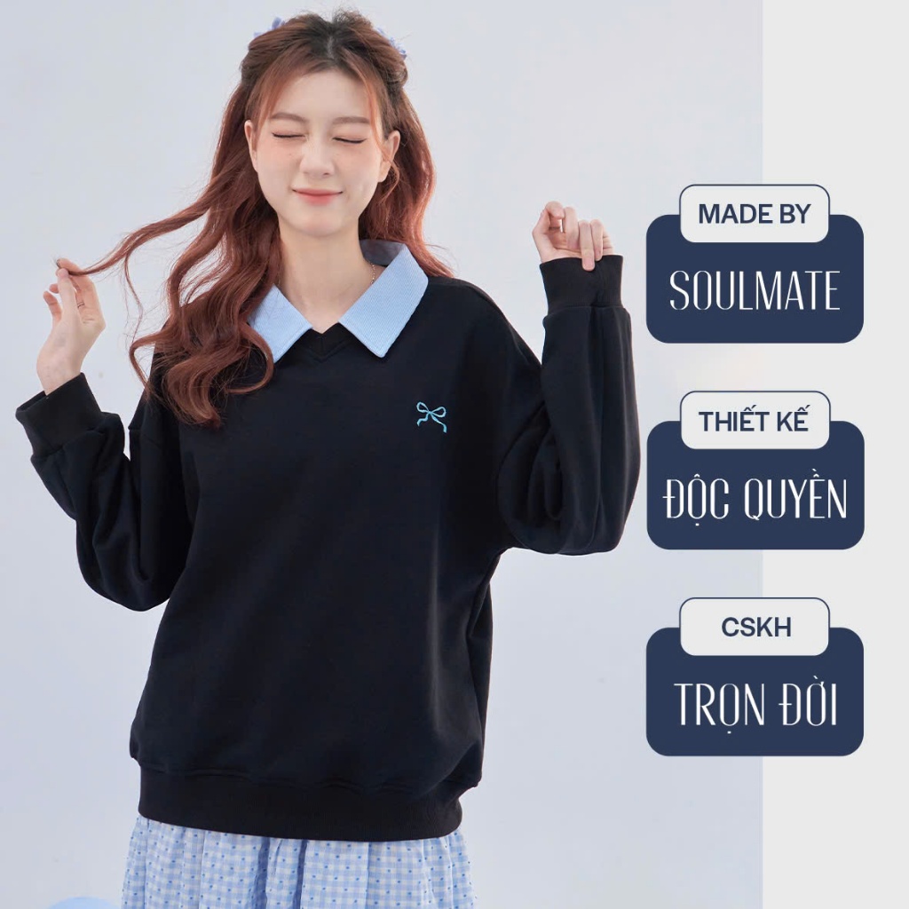 GIFT sweater- Sweater phối cổ polo thêu nơ (có bigsize)