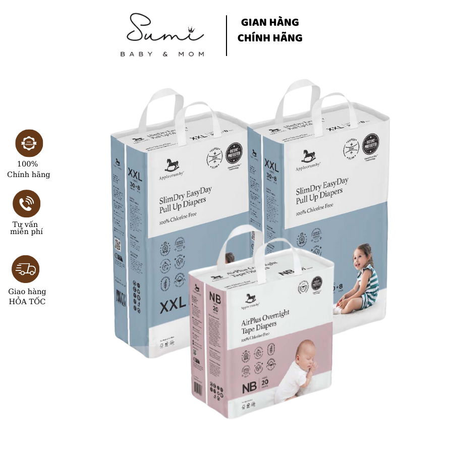 Bỉm  Applecrumby ngày, đêm cho bé, tã bỉm siêu mỏng chống tràn, thấm hút tốt