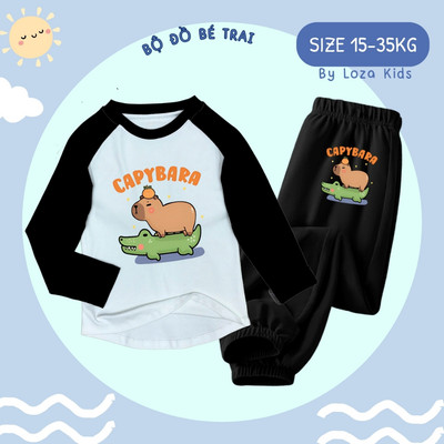 Bộ thu đông bé trai in hình Capybara - Đồ bộ dài tay bé trai chất bozip size 15-35kg Loza Kids BZ001