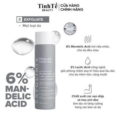 Dung dịch tẩy tế bào chết Paula's Choice Skin Perfecting 6% Mandelic Acid + 2% Lactic Acid Liquid Exfoliant- 88ml/30ml