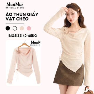  Áo thun giấy nữ dài tay MunMiu vạt chéo đính hoa phối dây rút tiểu thư sang trọng Hàn Quốc 3117 