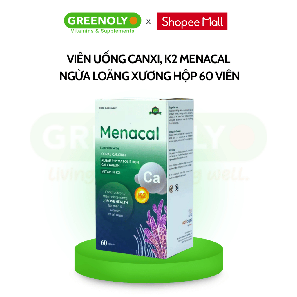 Viên uống Canxi EU tảo biển Aplicaps Menacal bổ sung Canxi, vitamin K2 và D3 hộp 60 viên