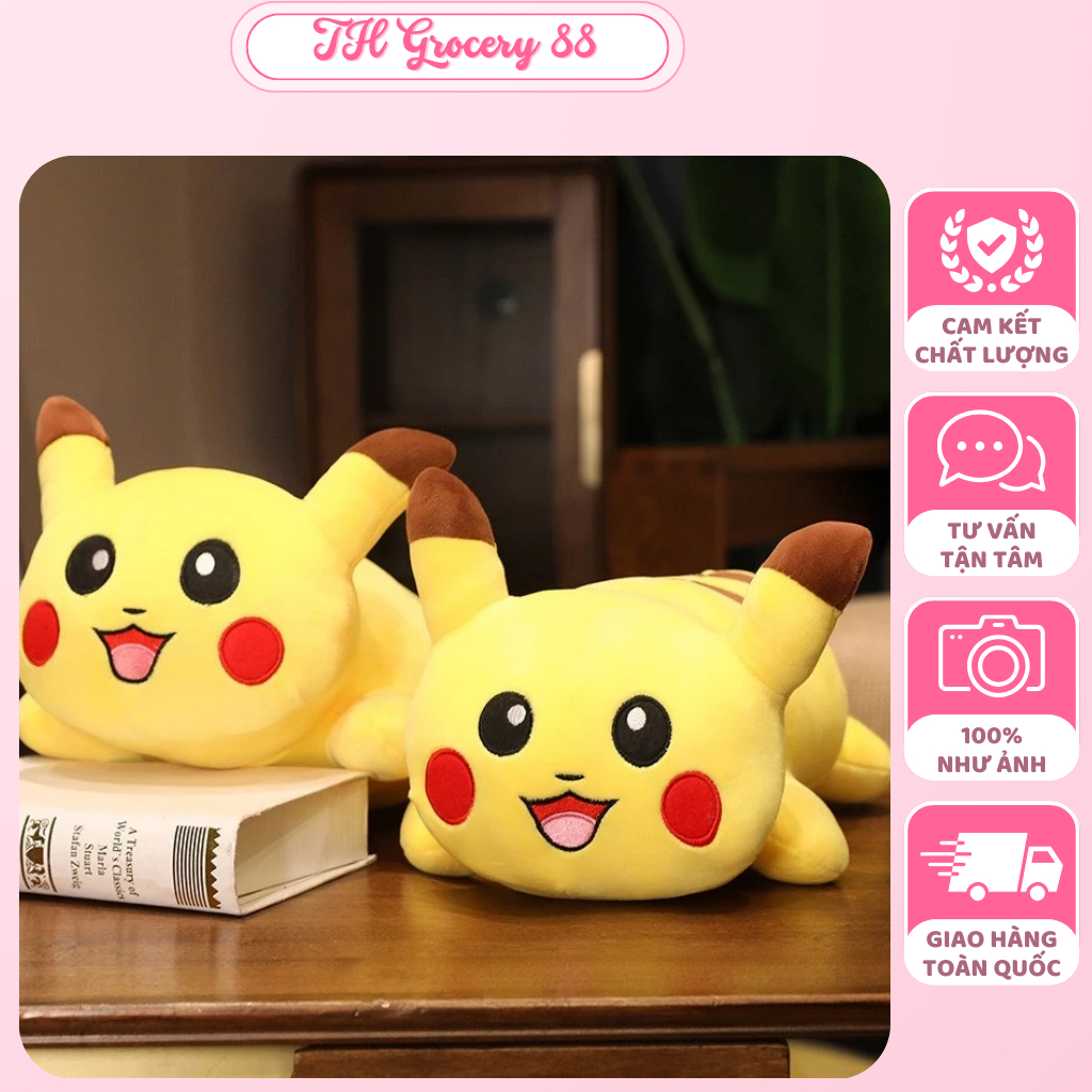 Gấu Bông Pikachu, Thú Nhồi Bông Mềm Mịn, Gấu Bông Pikachu Dáng Nằm Cho Bé Đáng Yêu Kt 50cm
