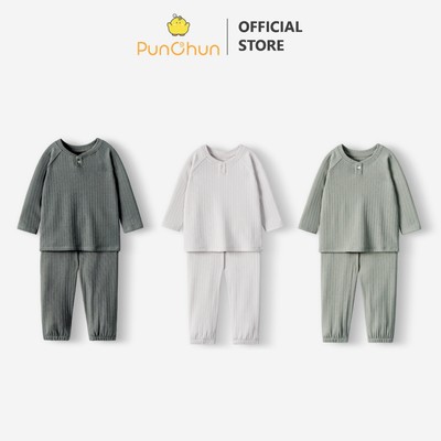 [PUNCHUN 9M-5Y] Bộ quần áo dài cổ khuy form rộng nỉ gân Tea cho bé trai Punchun