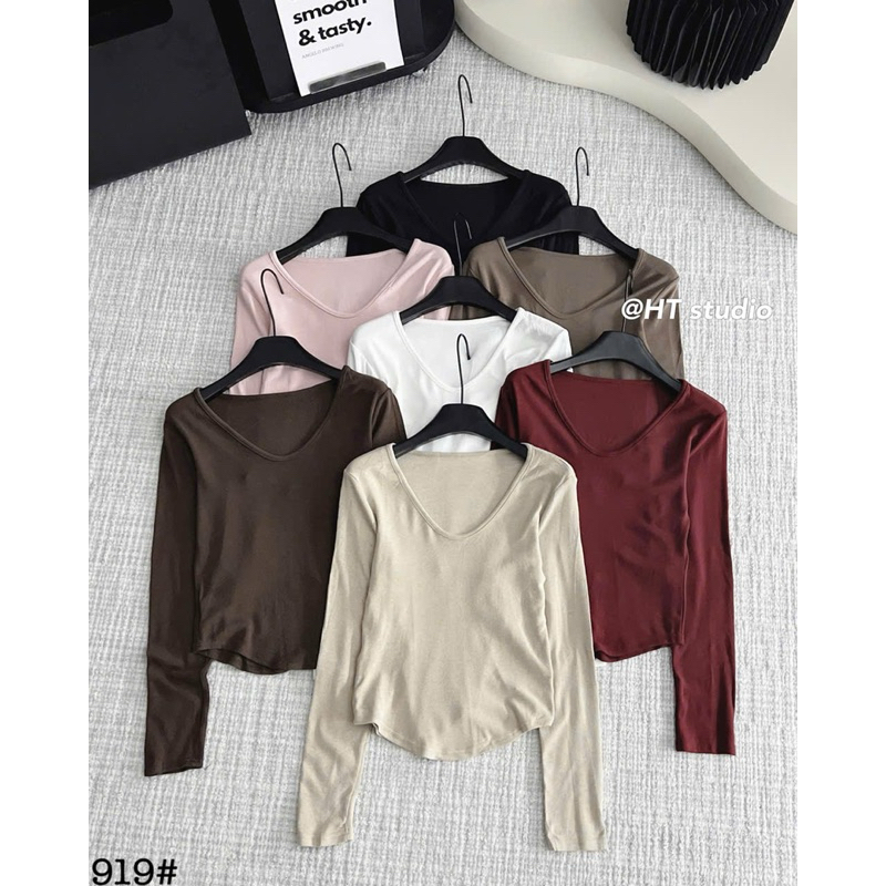 áo thun cổ tim dài tay, áo cotton cổ tim rộng