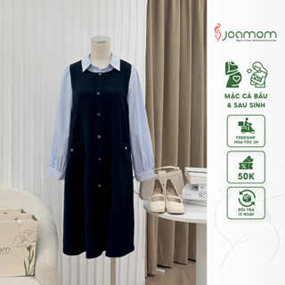 Váy Đầm Bầu Công Sở Trước Và Sau Sinh Dáng Suông Chất Chéo Hàn Phối Kẻ Cổ Đức Xanh Than JVB0079