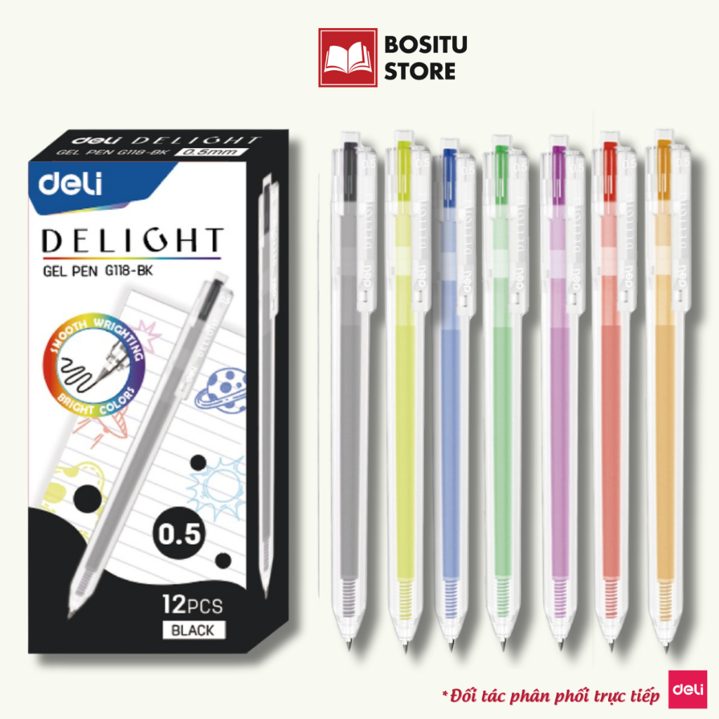 Bút gel màu Deli Bút bi bấm nhiều màu ngòi 0.5mm mực đều, nhanh khô, màu mực tươi sáng đa dạng _G118