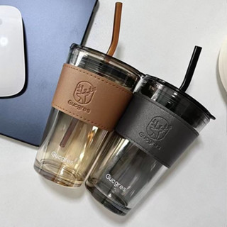 Cốc thủy tinh CHOUCHOU 450ml có nắp bao da và ống hút theo màu