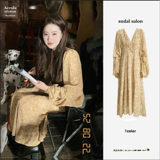 (HÀNG SẪN) Váy voan hoa vàng dài tay cổ V cài khuy xòe dài kiểu Pháp style Lưu Diệc Phi cổ điển sang trọng