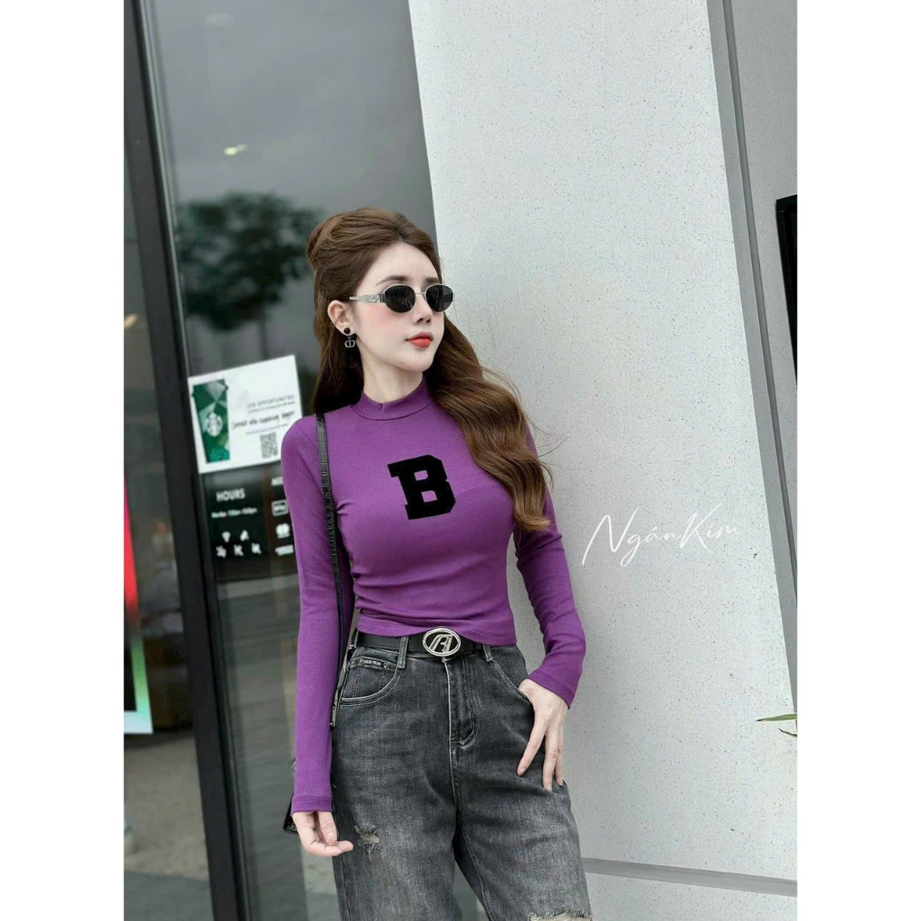 Áo Thun Bo Gân Mịn Cổ Lọ Kèm In Chữ B Đậm Trước Dài Tay Đơn Giản TTMC0199