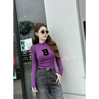 Áo Thun Bo Gân Mịn Cổ Lọ Kèm In Chữ B Đậm Trước Dài Tay Đơn Giản TTMC0199