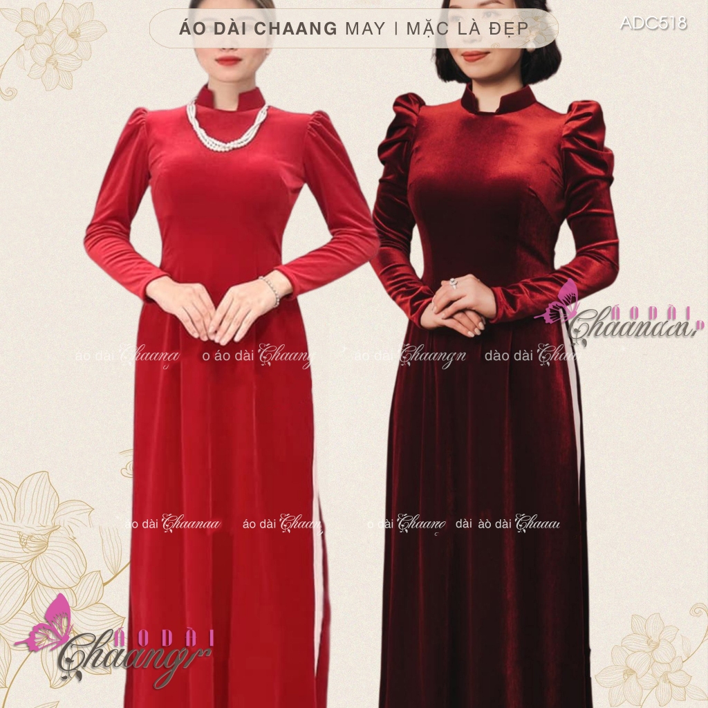 Áo dài nhung đỏ đô Chaang may sẵn ADC518 áo dài cổ vuông hở tay phồng đẹp vải truyền thống cao cấp