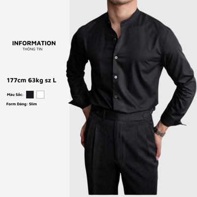 Áo sơ mi nam đen trắng cổ trụ tàu vải lụa kate Hàn mềm mịn thương hiệu thời trang ARMCEO -S05