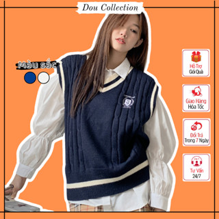 [Nowship2h] Áo Gile Unisex Trơn Vintage Áo Len Không Tay Dáng Xuông Thêu Logo Cá Tính Thời Trang Thu Đông - Mã TA016