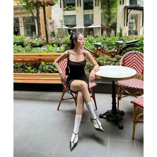 Đầm thun body ngắn 2 dây đen basic URATV