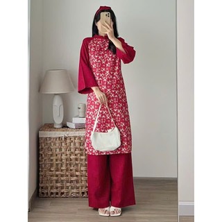   ÁO DÀI  Áo Dài Cách Tân Nhung Tăm Nữ Hoa Nhí Phối Tay Tặng Kèm Khăn Tuban Xinh Quần Dài From Rộng Women 