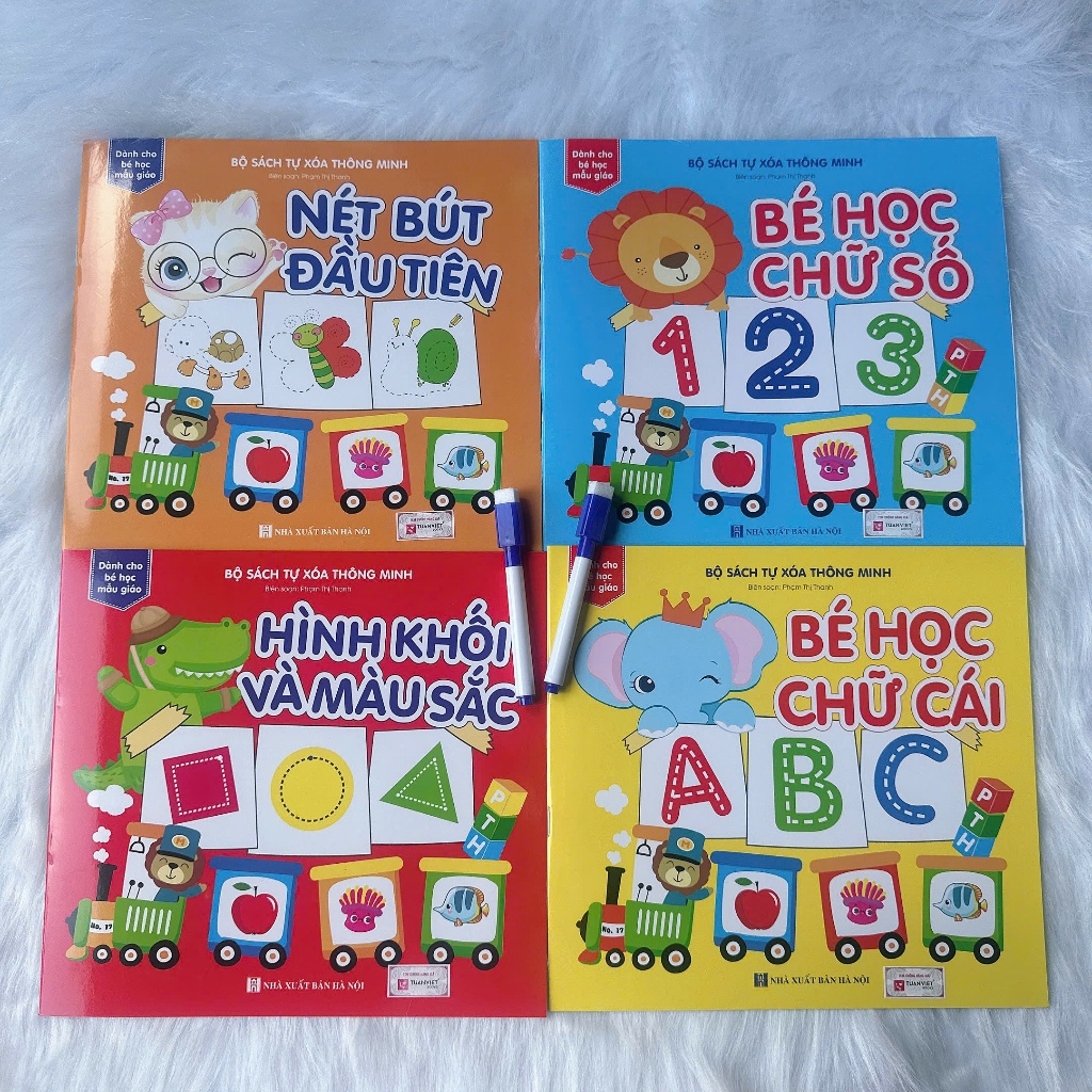 Sách 4 cuốn Sách tự xóa: Chữ cái - Nét Bút - Chữ số - Hình khối & Màu sắc (tặng kèm bút)