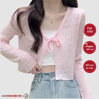 Áo khoác len mỏng cardigan HUNALY tay dài dáng crotop cột nơ tiêu thư nhiều màuchất len mềm mịn không xù