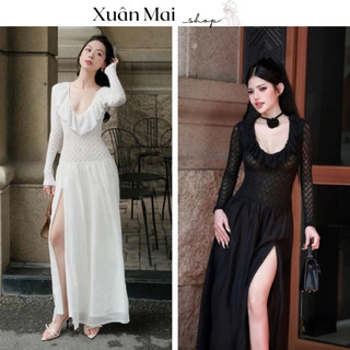Đầm thiết kế maxi nữ tay dài phối bèo form xoè phồng dài xẻ tà tiểu thư mặc đi chơi đi tiệc đi biển xuanmaishop12