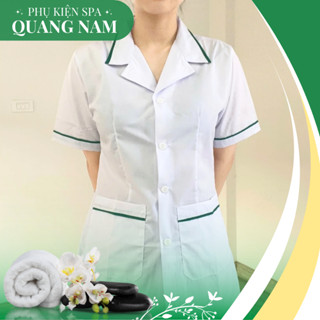 Bộ Y Tá Viền Xanh/Đỏ Đẹp, Bộ Quần Áo Blouse Trắng Nam/Nữ Spa Vải Lon Có Nhận Thêu Logo| Đồng Phục Spa Quang Nam