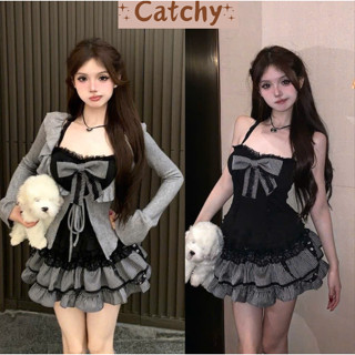 Set váy nữ 3 món xinh xắn áo yếm viền ren đính nơ to phối chân váy tầng xòe họa tiết kẻ sọc kèm khoác tay dài loe CATCHY