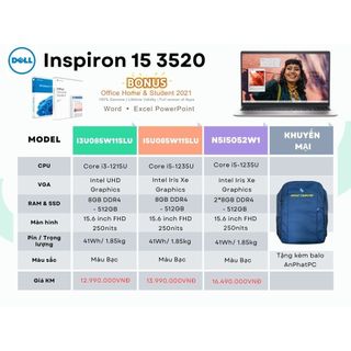 Laptop Dell Inspiron 15 3520 (Core i5-1235U | 8GB | 512GB |15.6 inch FHD | Win 11+ Office H&S)