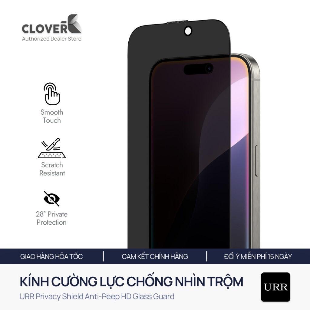 Kính cường lực URR Privacy - Chống nhìn trộm 26°/Chống bụi loa - Dành cho iPhone 13-17 - CloverB