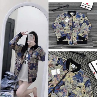 Áo Khoác Bomber Nam Nữ  Vải Bò Dệt Họa Tiết Gấu Bông Lót Gió 2 Lớp Bo Chun Dày Dặn