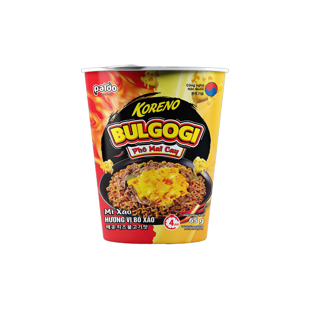Thùng 24 ly mì xào Koreno Bulgogi vị bò xào phô mai cay 65g