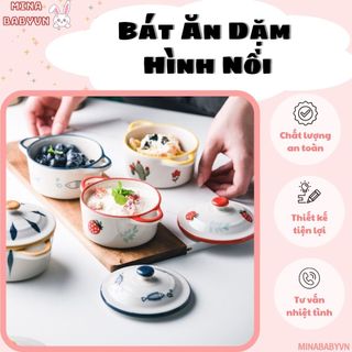 Bát ăn dặm hình nồi, Bát có nắp họa tiết đáng yêu dung tích 250ml cho bé an toàn, tiện lợi