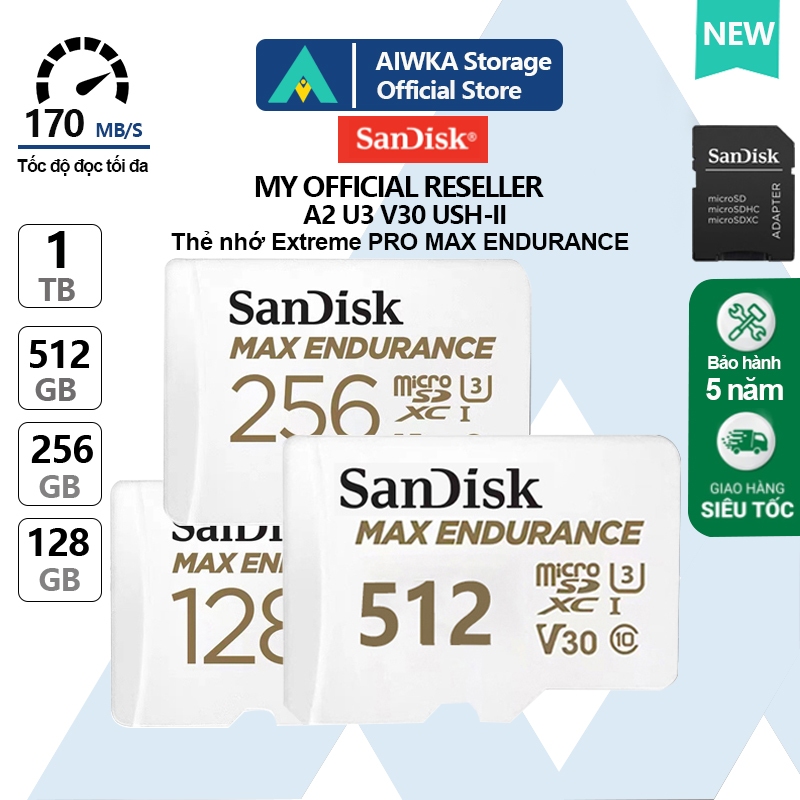 Thẻ nhớ AW SanDisk MicroSDXC 128gb 256gb MAX Pro V30 A2 dành cho giám sát/GO PRO 170mb/s - Bảo hành 5 năm