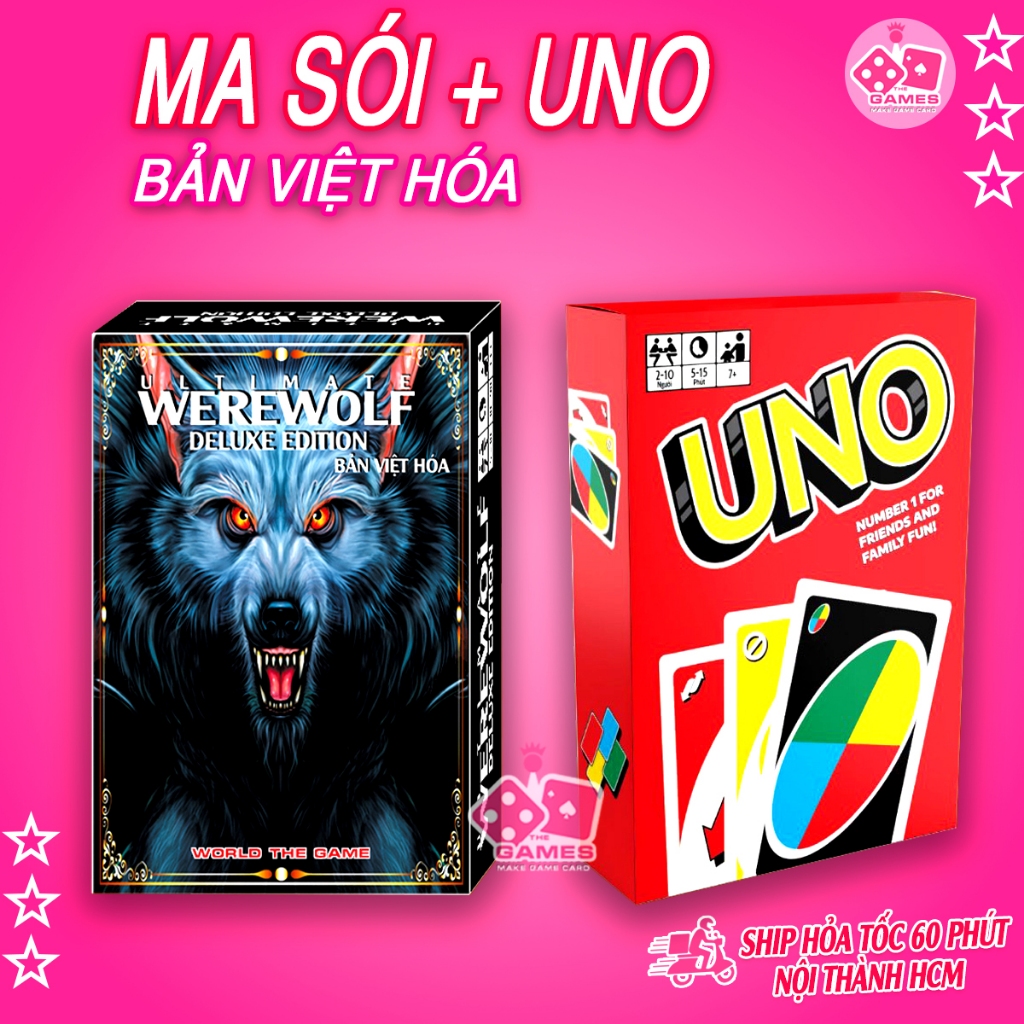 COMBO bài ma sói ultimate + UNO 110 lá việt hóa ma sói đầy đủ nhân vật lá bài cứng sắc nét