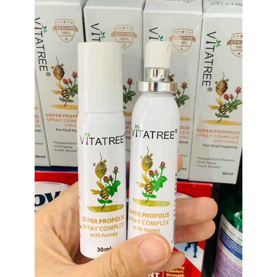 Xịt họng keo ong Vitatree Super Propolis Spray Complex with honey giảm đau ngứa rát họng 30ml