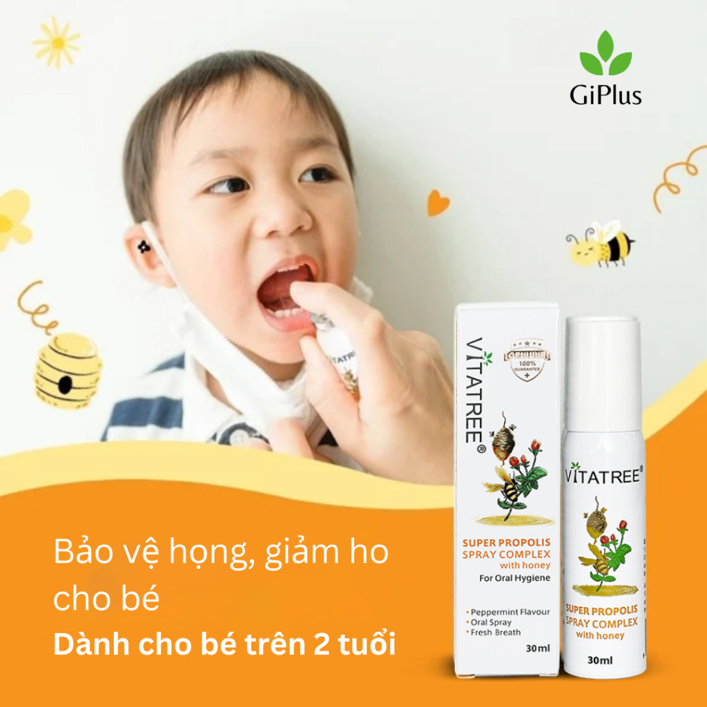 Xịt họng keo ong Vitatree Super Propolis Spray Complex with honey giảm đau ngứa rát họng 30ml