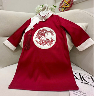 Áo dài bé trai cách tân Long Phụng thêu hình chắc chắn chất vải trượt hàn size từ 9-40kg hai màu trắng/đỏ