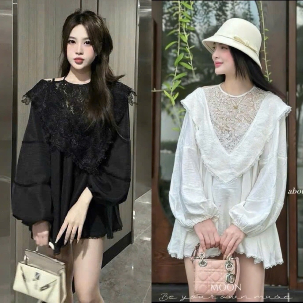 Áo Váy Babydoll Cổ Yếm Cách Điệu Phối Ren Tiểu Thư Dáng Giấu Quần Tay Phồng Baby (Ảnh Thật Trải Sàn)