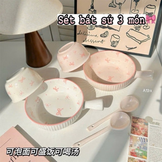 Set Bát Sứ Có Tay Cầm 3 Món Nơ Xinh Xắn Tặng Kèm Đũa Tre