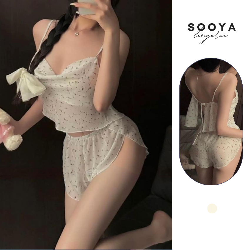 Set Bộ Quần Áo Ngủ Voan Chiffon In Hoa Nổi Viền Ren Nơ Xinh Quyến Rũ 2 Lớp Mềm Mịn N011