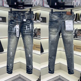 Quần jean bò nam Purple skinny wash xanh bụi mài trơn vảy sơn dập nhăn 3D loang 4 cúc mác lụa basic QJ621P