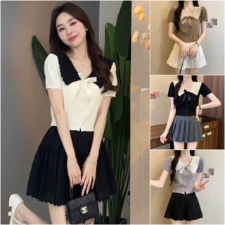 Áo thun dệt kim polo croptop nữ tay ngắn kiểu cổ bèo thắt nơ dáng ôm body len mongtohghi Quảng Châu