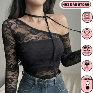 Áo ren lưới dài tay lệch vai kèm áo ống phối dây phong cách sexy trẻ trung, áo kiểu nữ trễ vai ôm body siêu tôn dángA239
