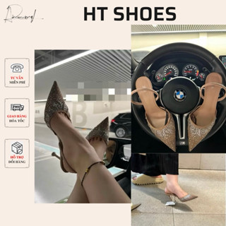  Giày cao gót Z màu nâu mũi nhọn đính đá lấp lánh gót nhọn cao 7cm phong cách tiểu thư Pháp phù hợp đi tiệc Fullbox 8387 