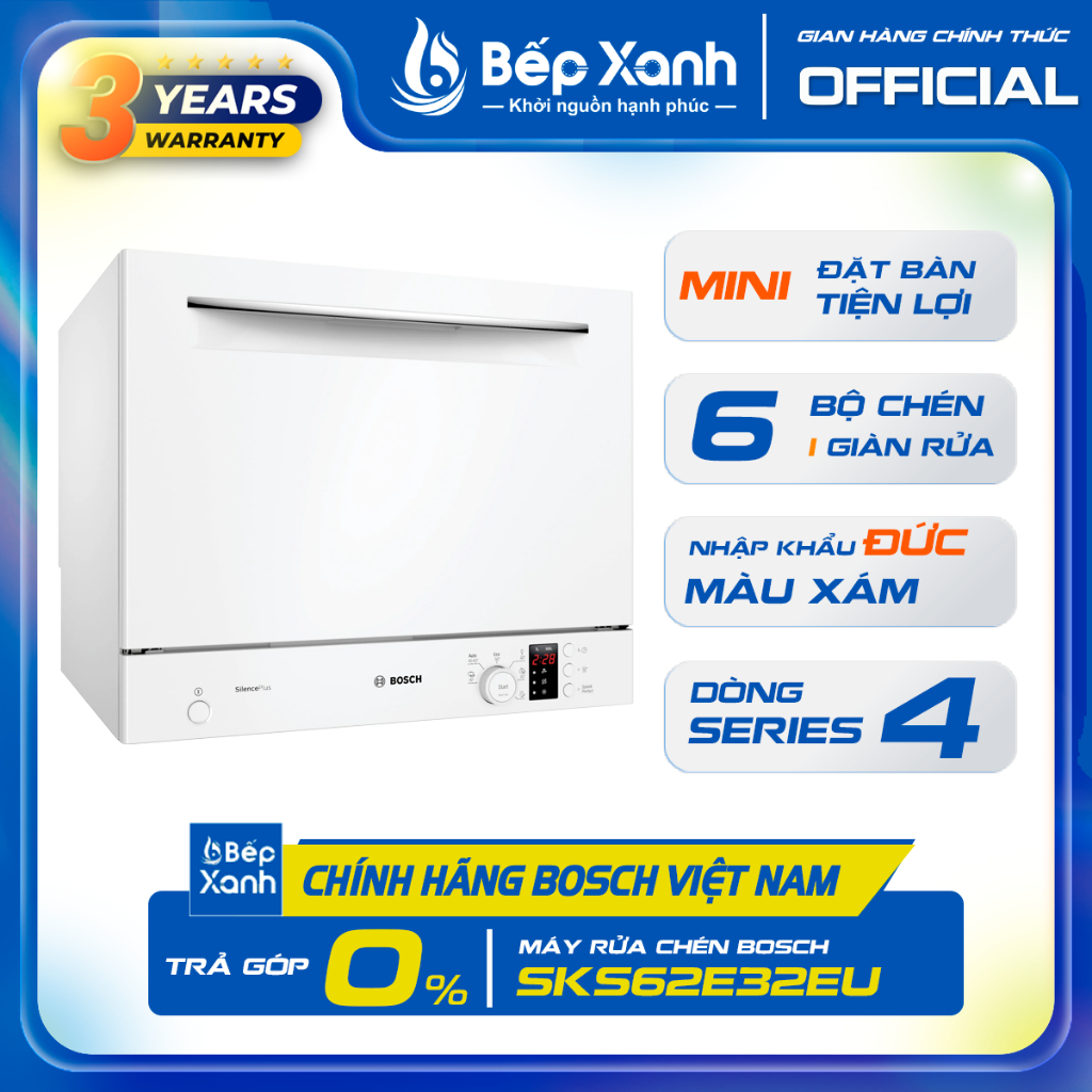 Máy Rửa Chén Mini Series 4 Bosch SKS62E32EU - 6 bộ chén đĩa - Công suất 2400W - Hàng chính hãng