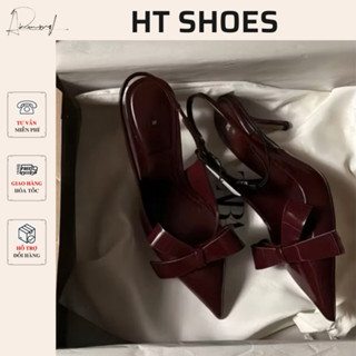 Giày cao gót Z mũi nhọn da bóng phối nơ to màu đỏ mận hottren gót mảnh 6cm phong cách cá tính đi tiệc 1781(8101)